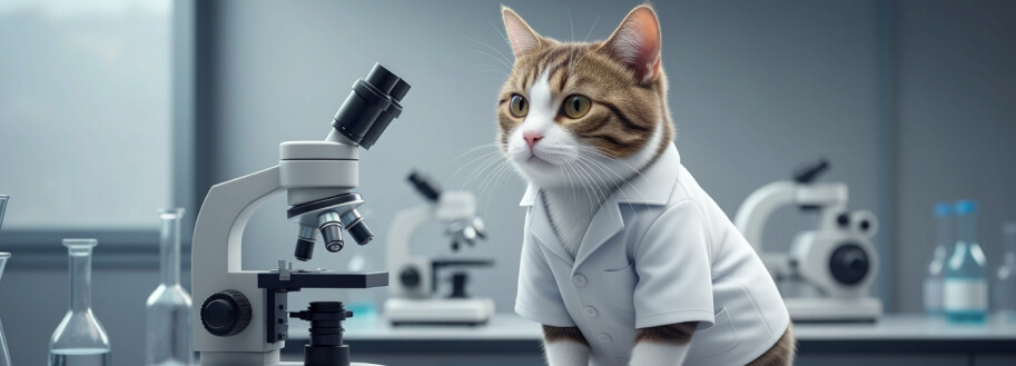 мультяшный кадр – кошка в медицинском халате сидит в лаборатории за микроскопом